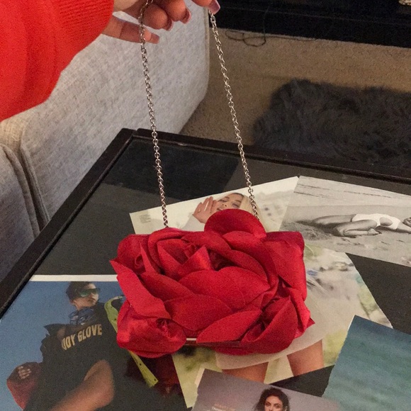 White House Black Market Handbags - Red Satin Rose Clutch with silver chain